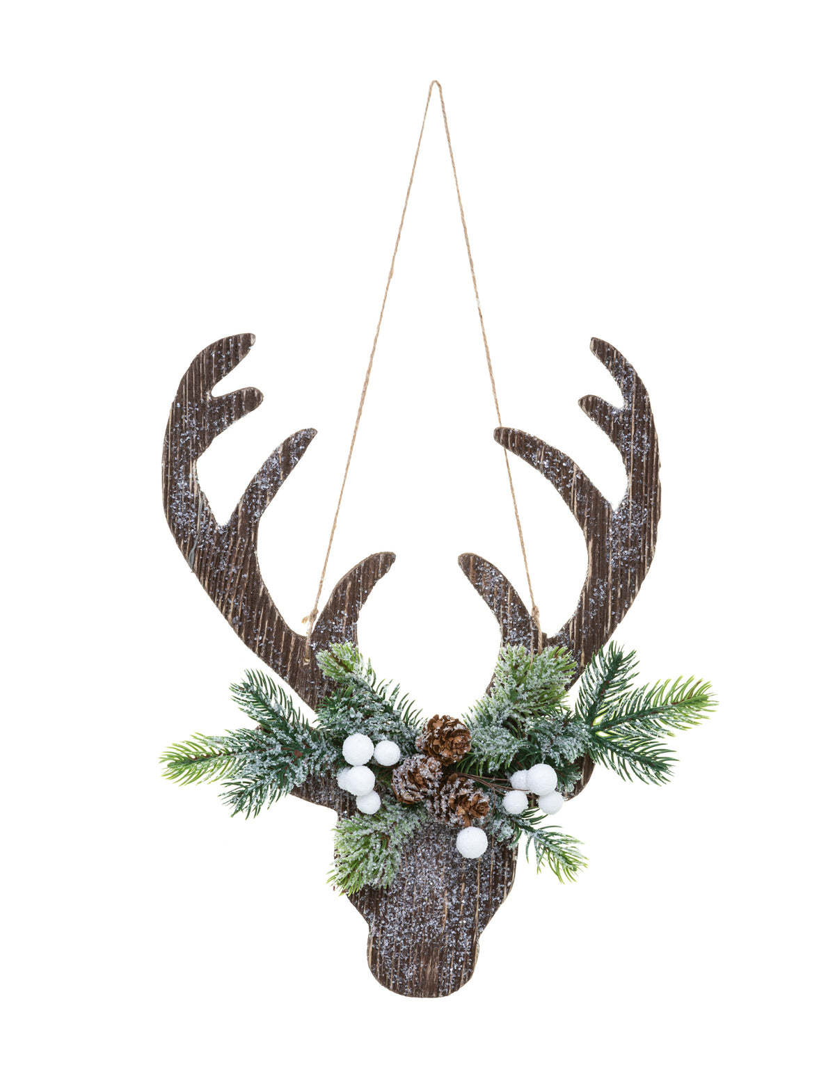 Suspension tête de renne de Noël pour décoration en bois marron avec branches et baies blanches enneigées