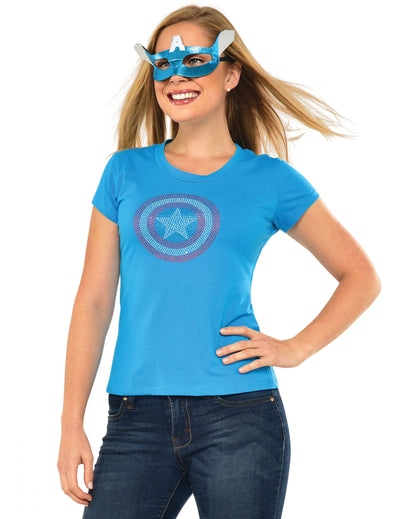 Tricou cu strasuri și mască American Dream Captain America pentru femei, albastru