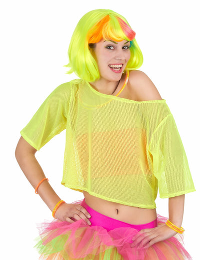 T-shirt court résille années 80 pour femme jaune fluo