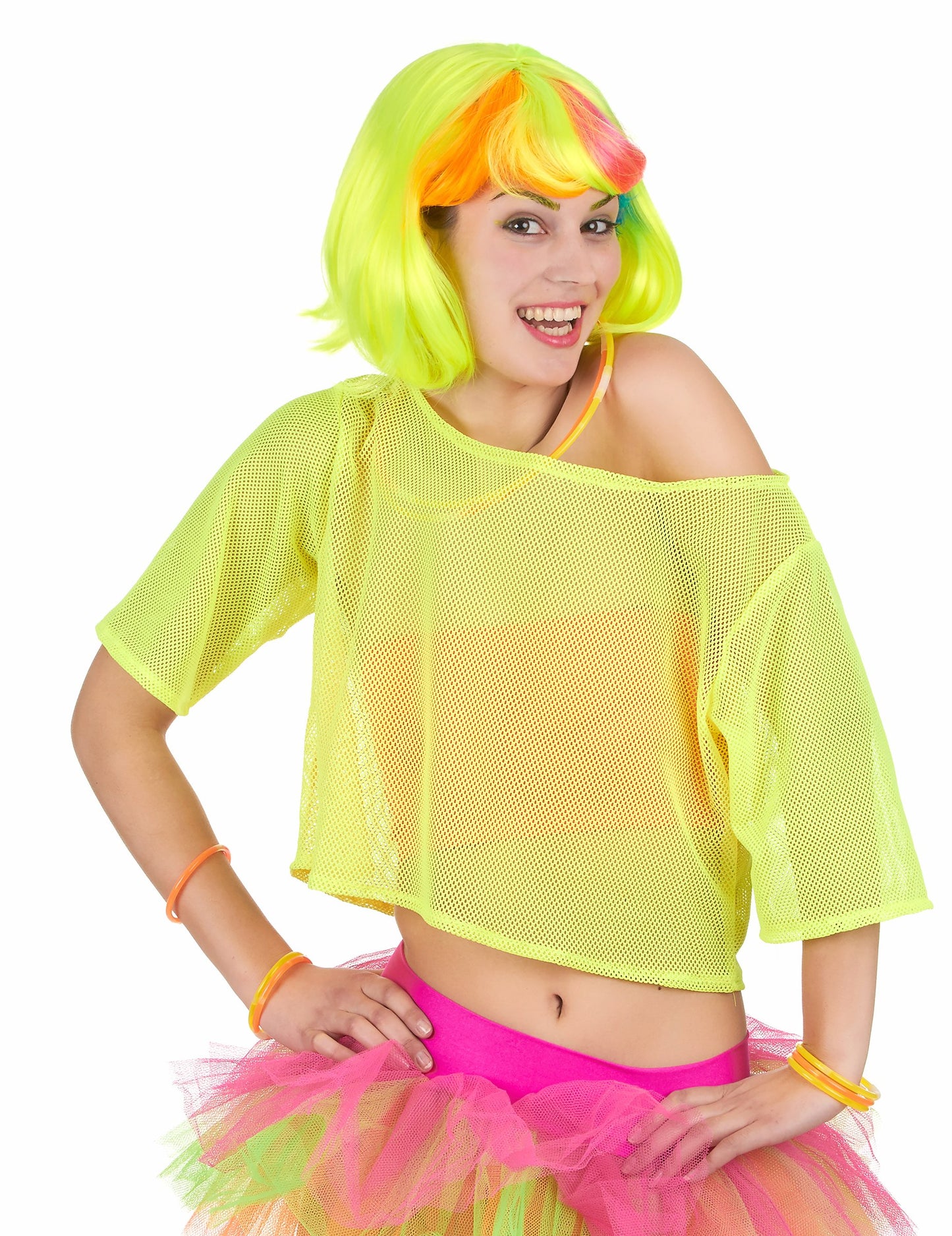 T-shirt court résille années 80 pour femme jaune