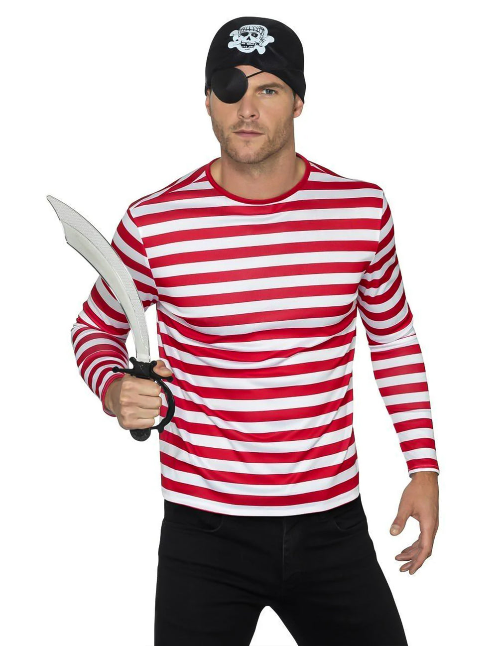 Vue avec accessoires de pirate du t-shirt rayé pour adulte rouge et blanc à manches longues