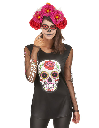 Tricou cu schelet colorat femeie dia de los muertos