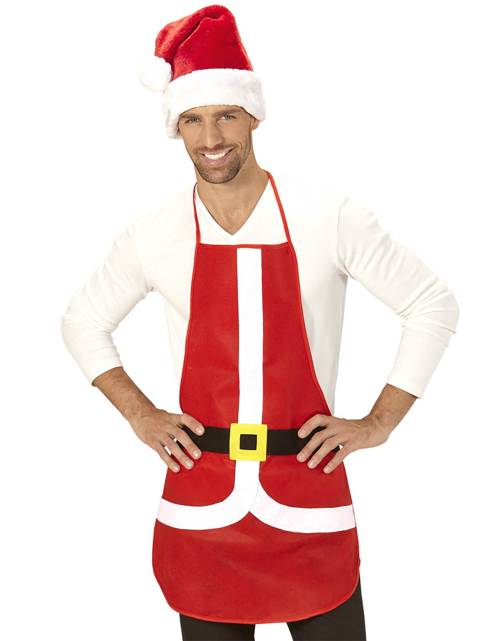 Șorț de crăciun pentru adult roșu cu motiv costum de moș crăciun