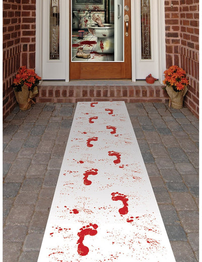 Tapis en intissé avec empreintes ensanglantées pour décoration d'Halloween blanc et rouge