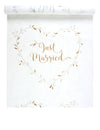 Tapis de cérémonie Just Married pour mariage blanc et or avec motif cœur feuillage