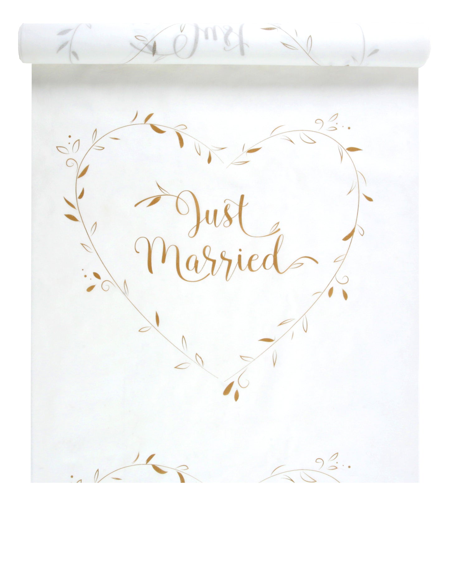 Tapis de cérémonie Just Married pour mariage chic blanc et or avec motif cœur végétal