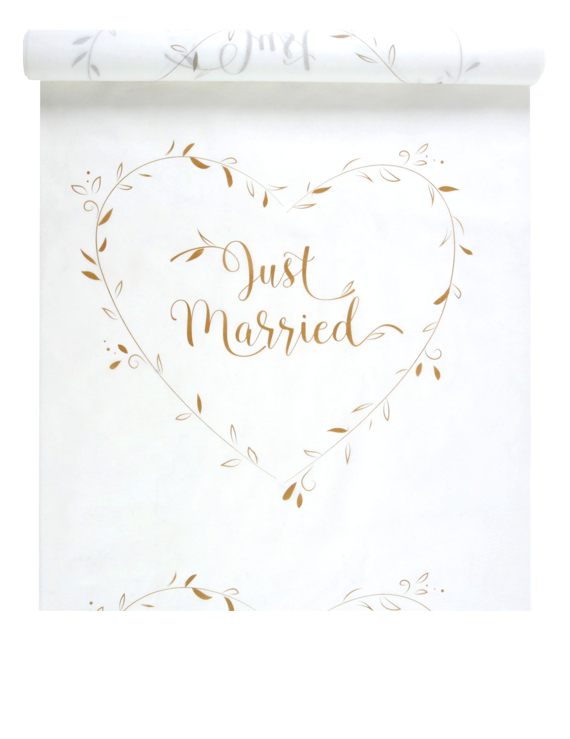 Tapis de cérémonie Just Married pour mariage chic blanc et or avec motif cœur végétal