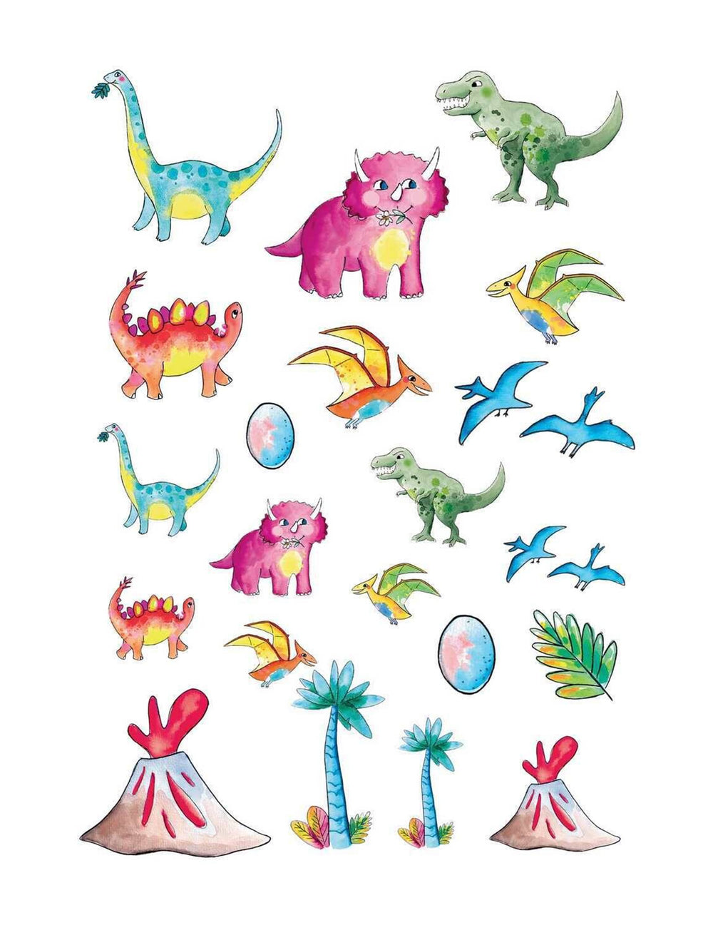 Tatouages dinosaures pour enfant multicolores style aquarelle