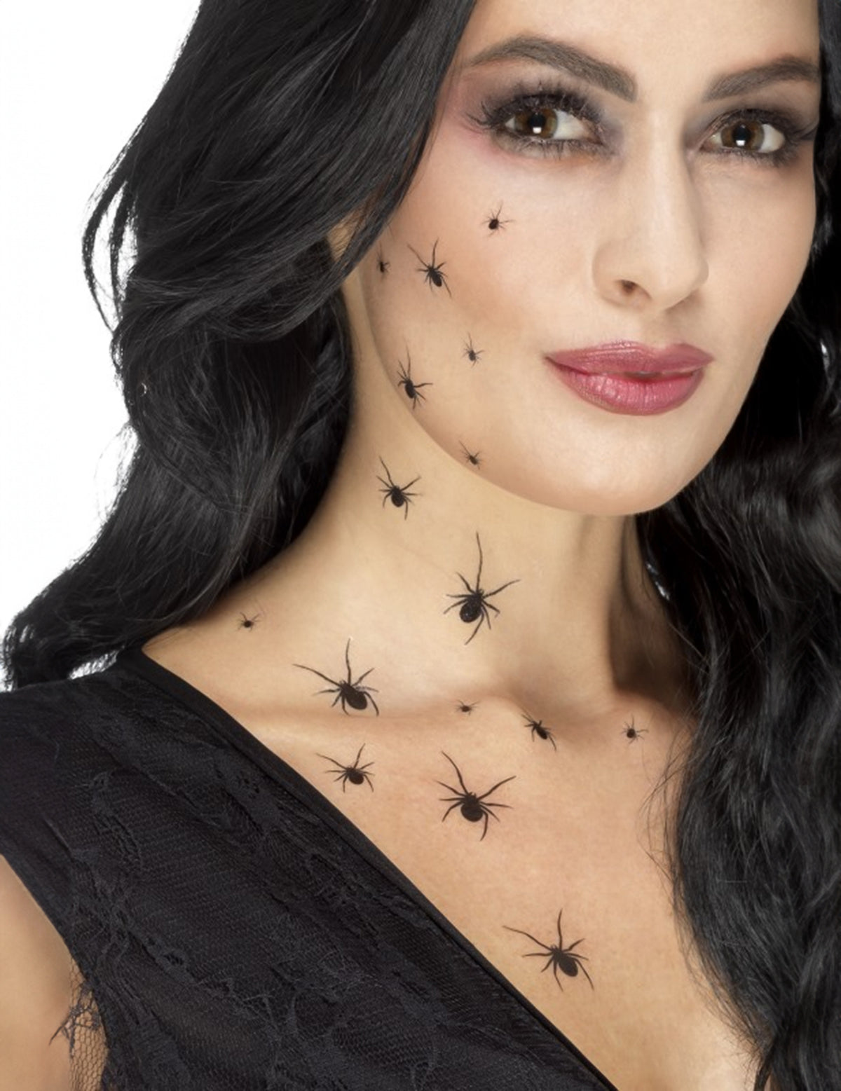 Tatouages temporaires araignées Halloween pour femme noirs sur le visage et le cou