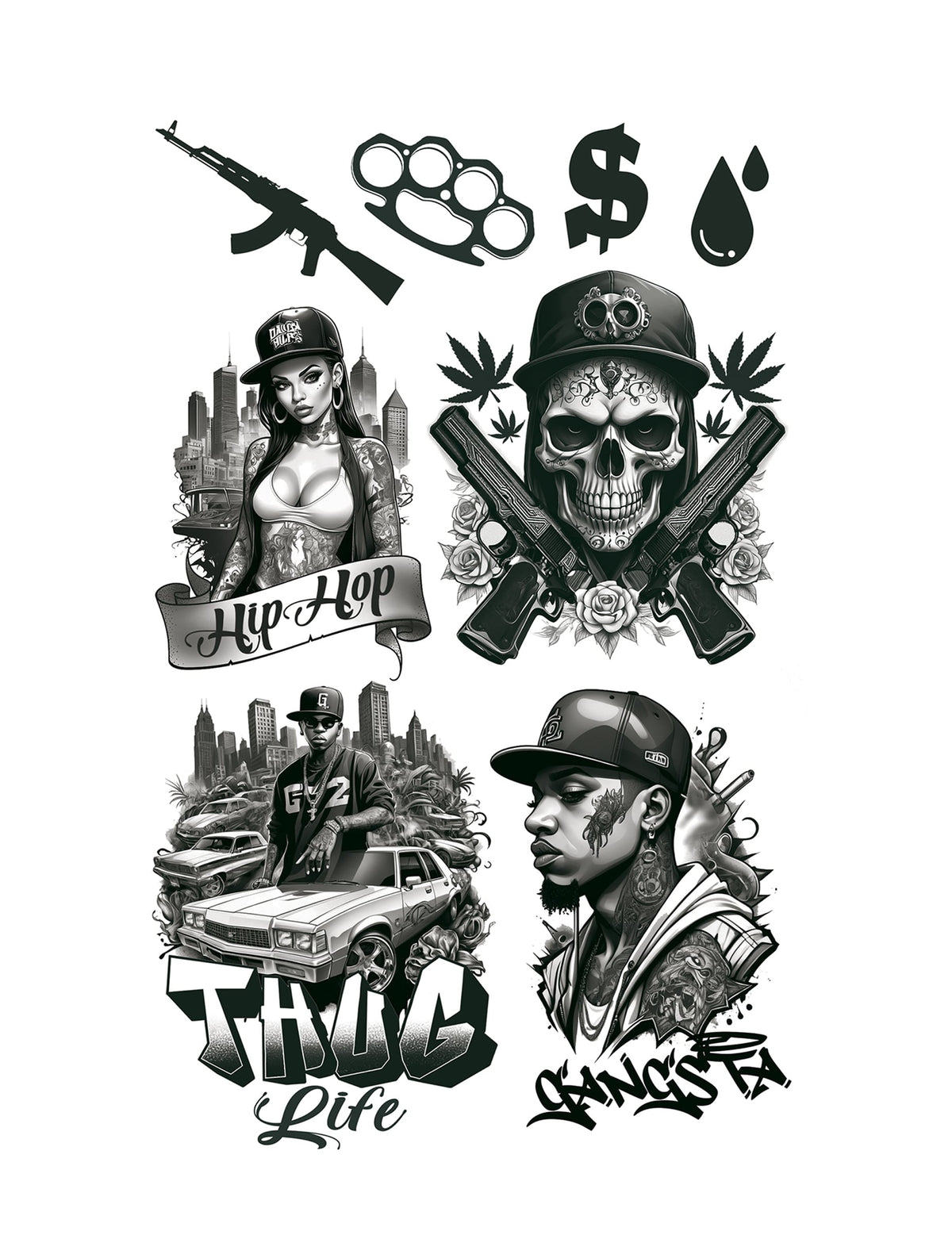 Planche de motifs variés du Tatouages thug life pour adulte