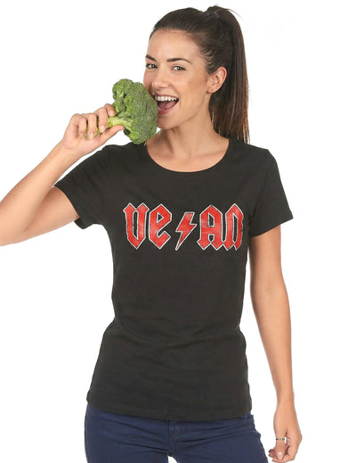 Tee-shirt Vegan pour femme noir avec logo rouge style rock