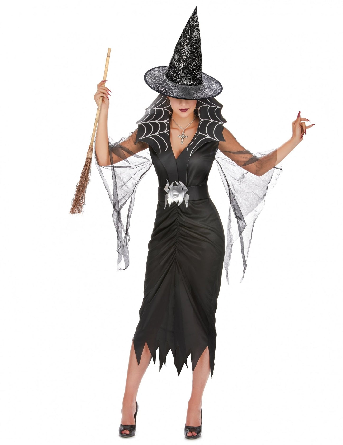 Pachet costum de vrăjitoare păianjen pentru femei cu mătură și pălărie de Halloween