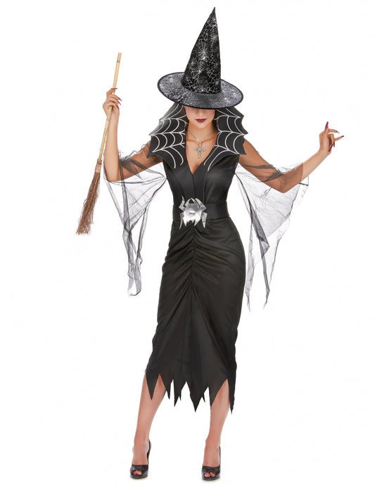 Pachet costum de vrăjitoare păianjen pentru femei cu mătură și pălărie de Halloween