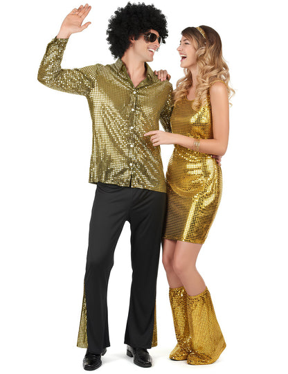 Costum de cuplu disco cu paiete aurii pentru adulți