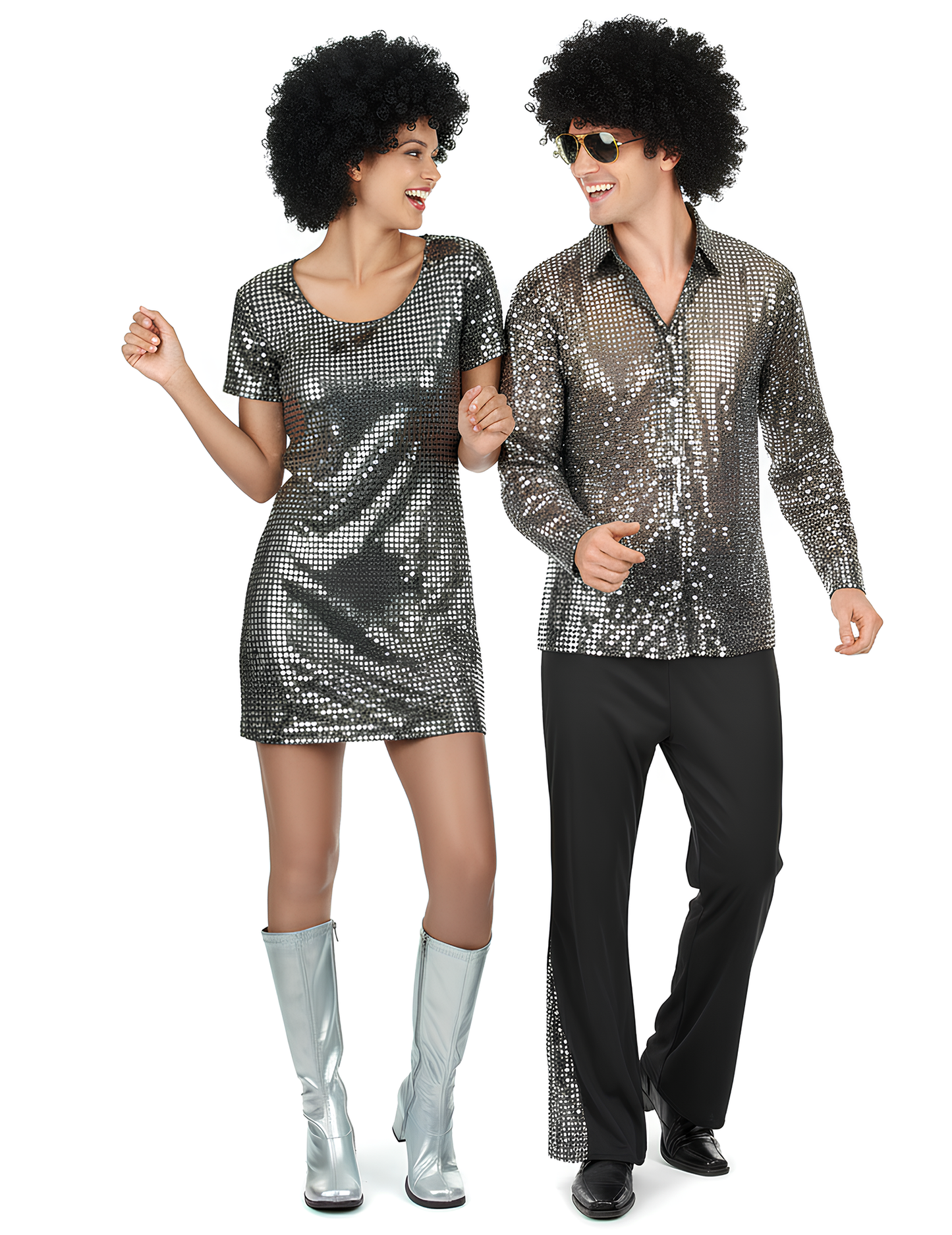 Costum de cuplu disco argintiu pentru adult