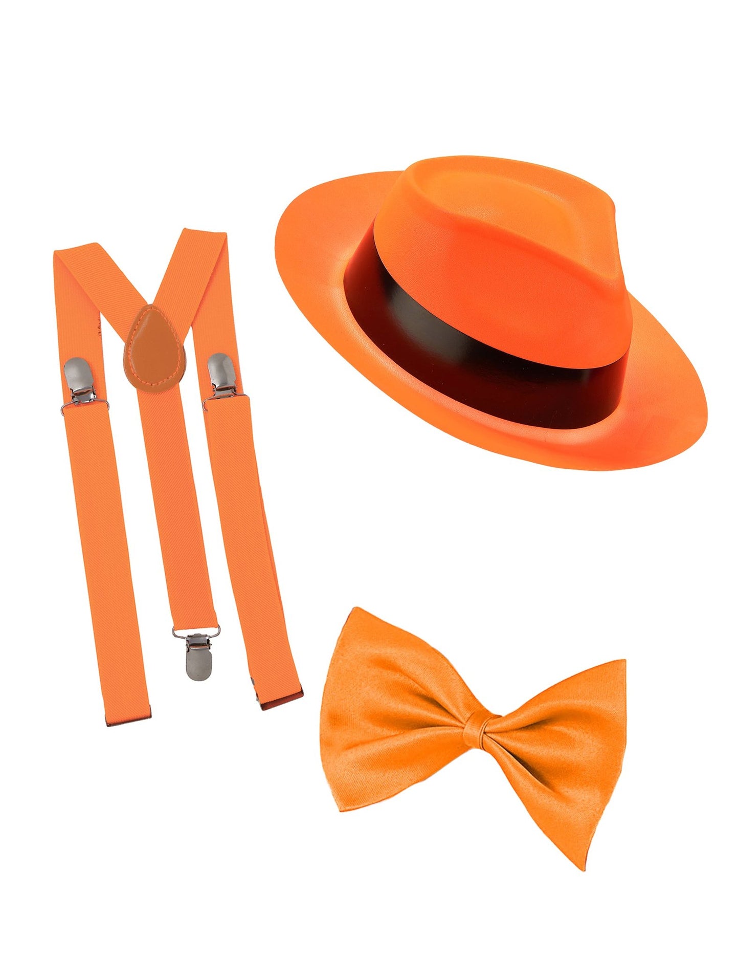 Kit accessoires chapeau noeud papillon et bretelles orange fluo adulte