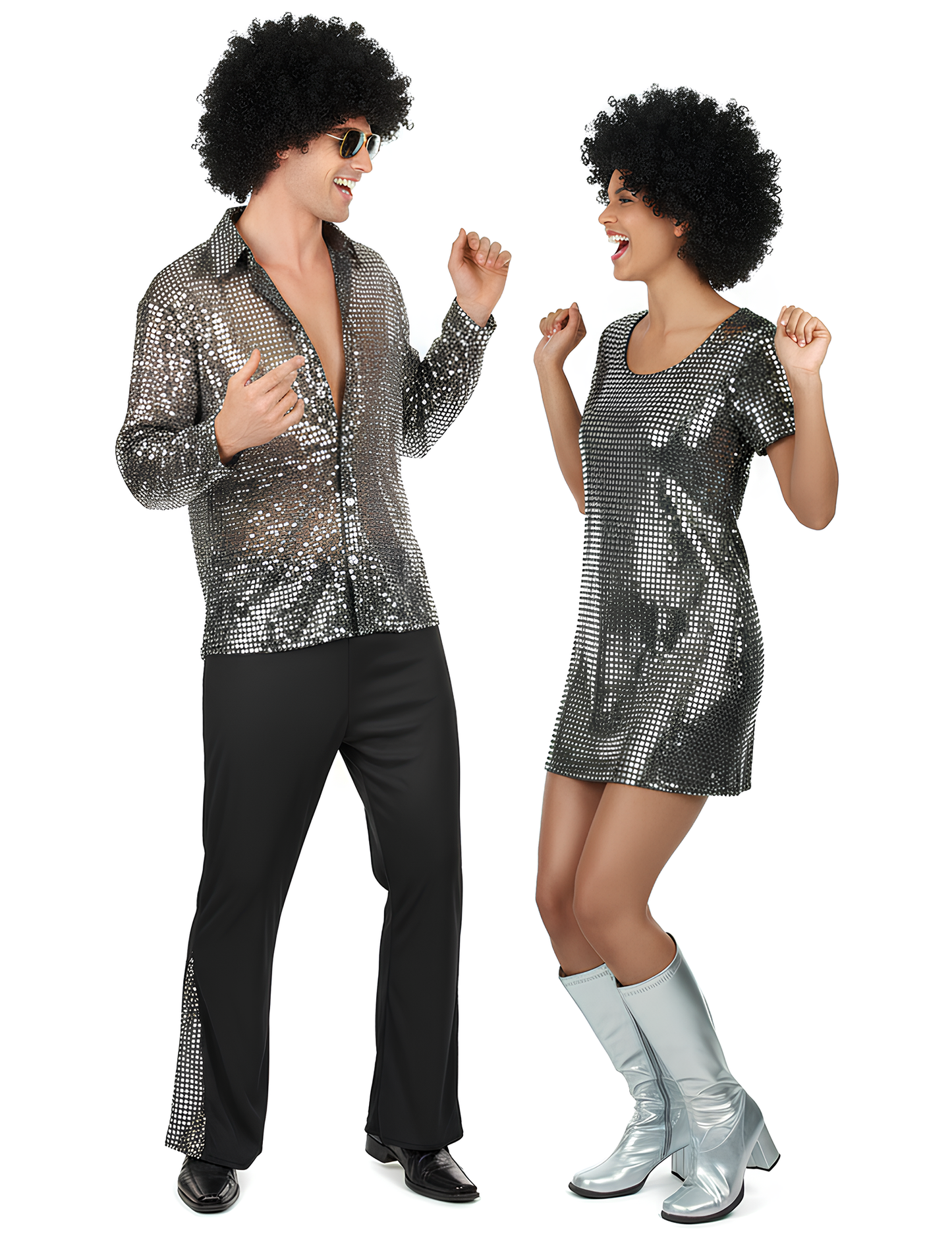 Costum de cuplu disco argintiu pentru adult