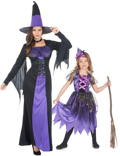 Costum de cuplu vrăjitoare mov mamă-fiică de Halloween