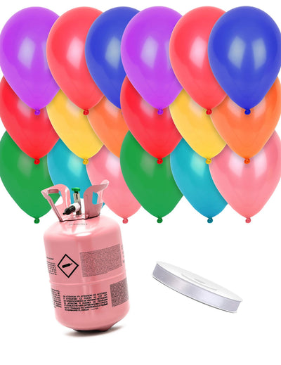 Kit cu butelie de heliu, 24 baloane multicolore și panglică