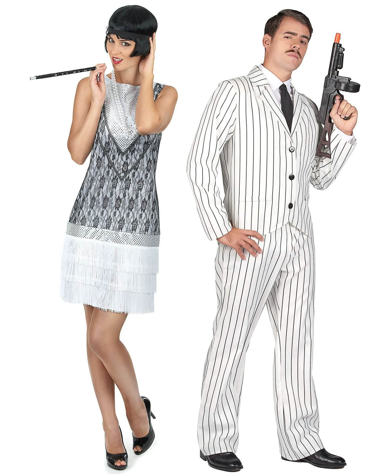 Costum de cuplu gangster alb și Charleston alb pentru adulți