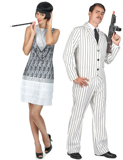 Costum de cuplu gangster alb și Charleston alb pentru adulți