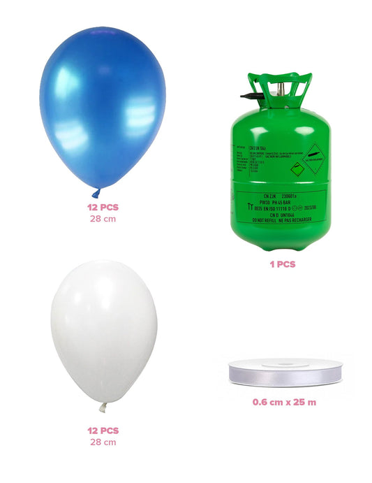 Kit cu butelie de heliu cu 12 baloane albe, 12 baloane albastre și panglică