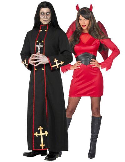 Costum de cuplu diavoliță și călugăr demonic roșu și negru de Halloween