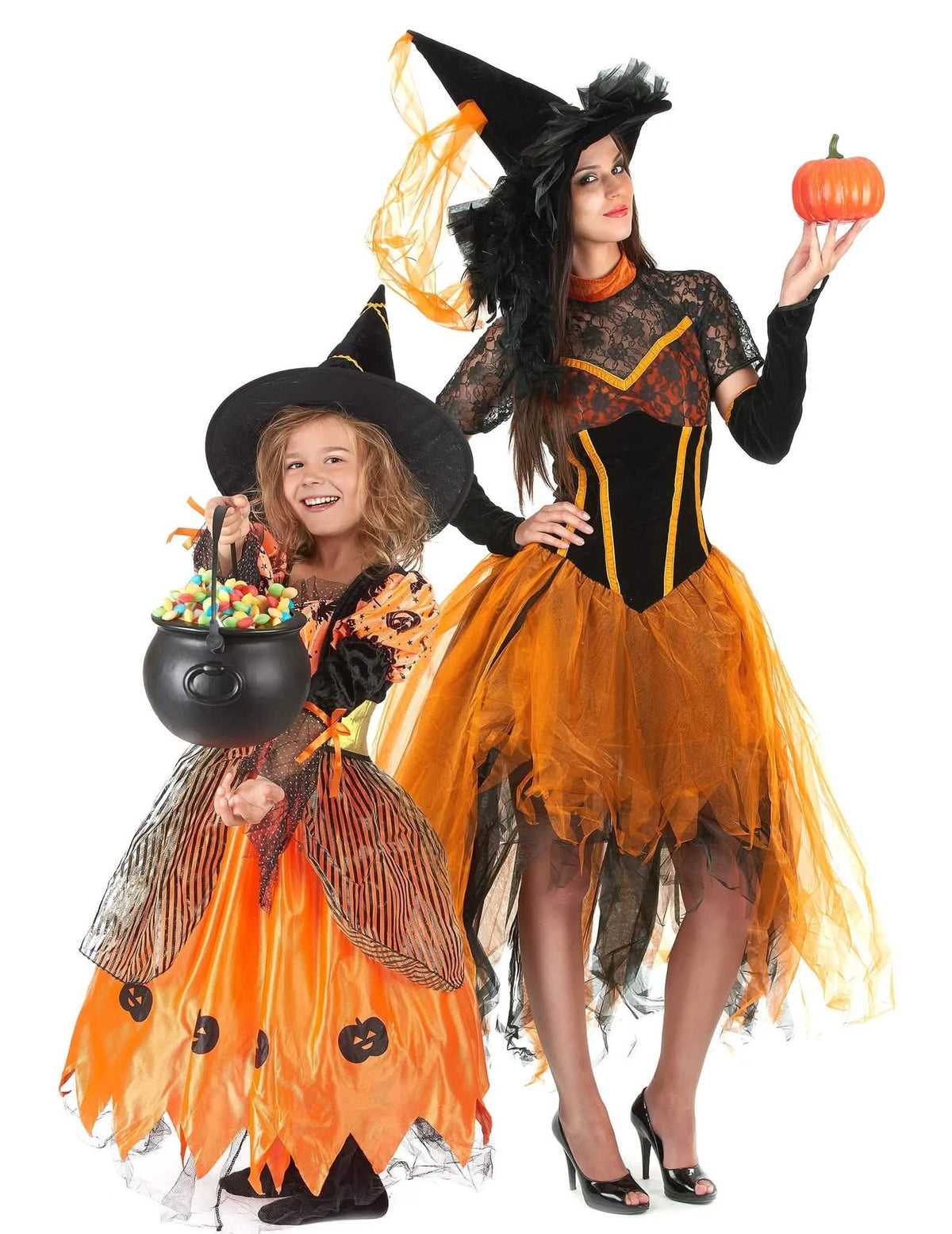 Costum de cuplu vrăjitoare portocalie mamă și fiică de Halloween