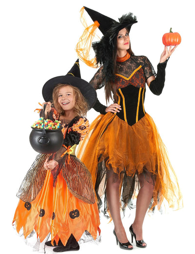 Costum de cuplu vrăjitoare portocalie mamă și fiică de Halloween