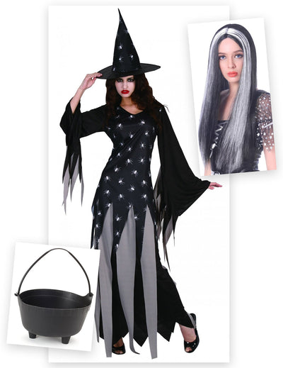 Pachet costum de vrăjitoare pentru femei cu ceaun și perucă de Halloween