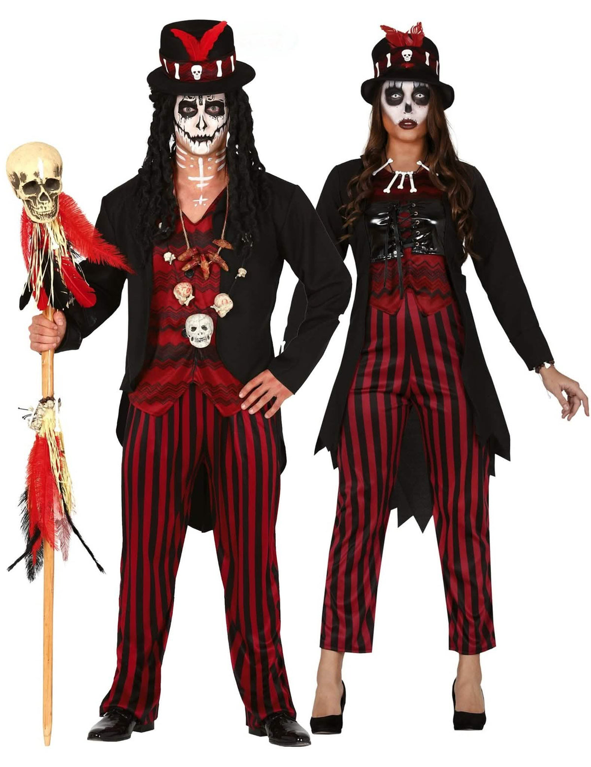 Costum de cuplu vrăjitor voodoo în dungi pentru adulți