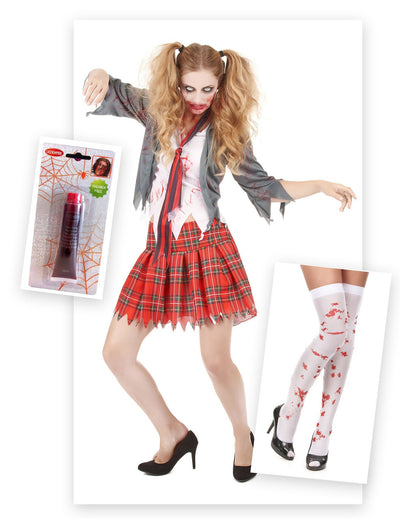 Pachet costum de zombie școlăriță cu sânge fals și ciorapi de Halloween