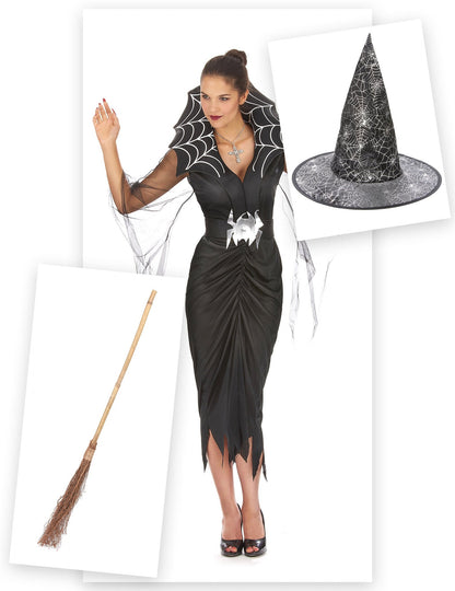 Pachet costum de vrăjitoare păianjen pentru femei cu mătură și pălărie de Halloween