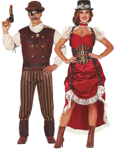 Costum de cuplu steampunk roșu pentru adulți