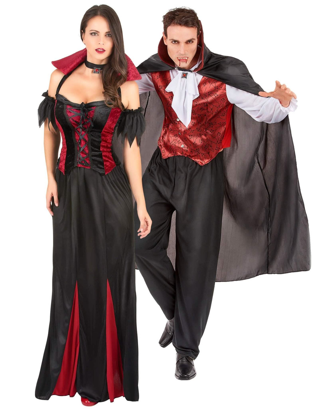 Costum de cuplu vampir liliac roșu de Halloween pentru adulți