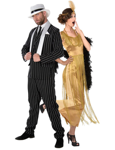 Costum de cuplu gangster și charleston auriu pentru adulți