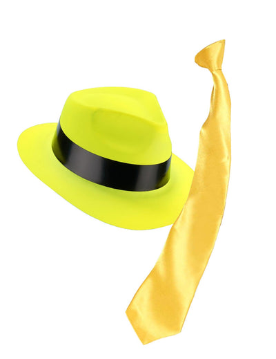 Kit de accesorii cu pălărie și cravată galben fluorescent pentru adulți