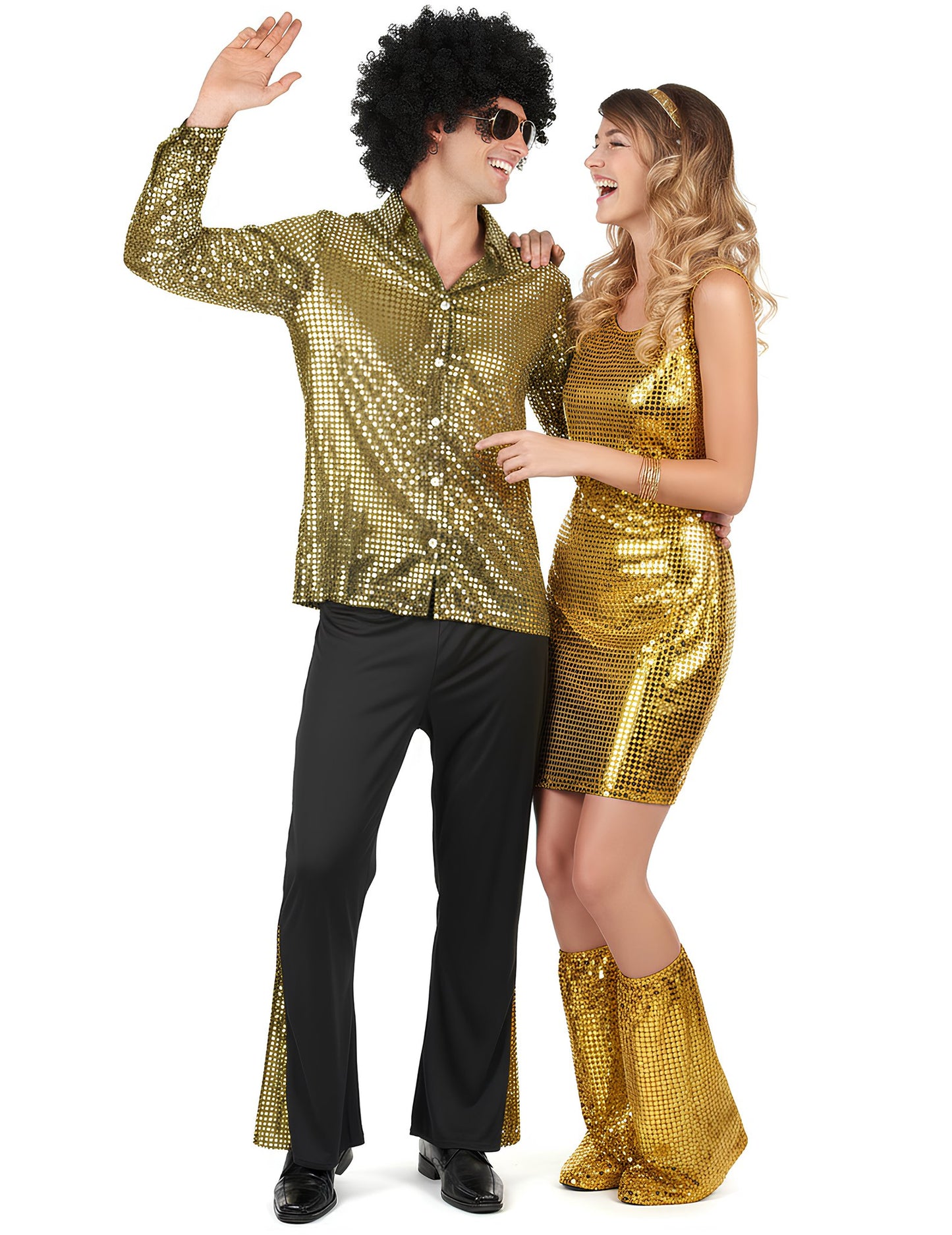 Costum de cuplu disco cu paiete aurii pentru adult