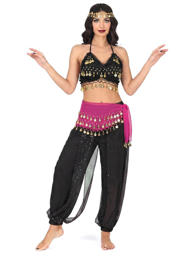 Costum complet de dansatoare orientala negru si roz pentru femeie
