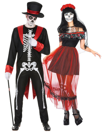 Costum de cuplu schelet chic Día de los Muertos roșu și negru Halloween adult