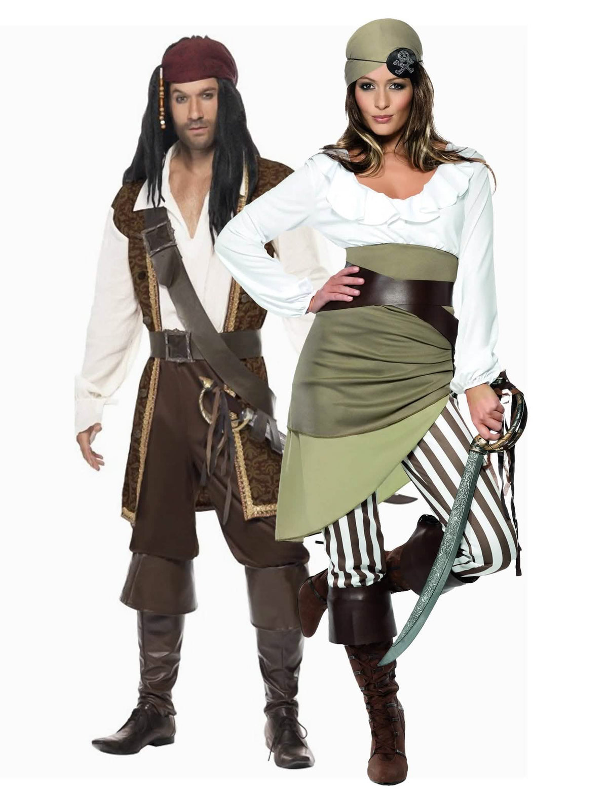 Costum de cuplu pirat maro și verde pentru adulți