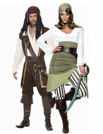 Costum de cuplu pirat maro și verde pentru adulți