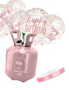 Kit butelie de heliu cu 6 baloane cu confetti Happy Birthday și panglică