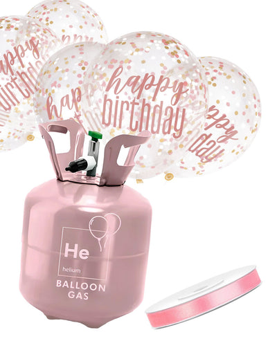 Kit butelie de heliu cu 6 baloane cu confetti Happy Birthday și panglică