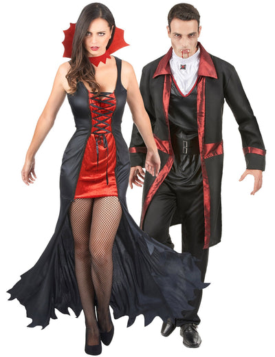 Costum de cuplu vampir de Halloween, roșu și negru, pentru adulți