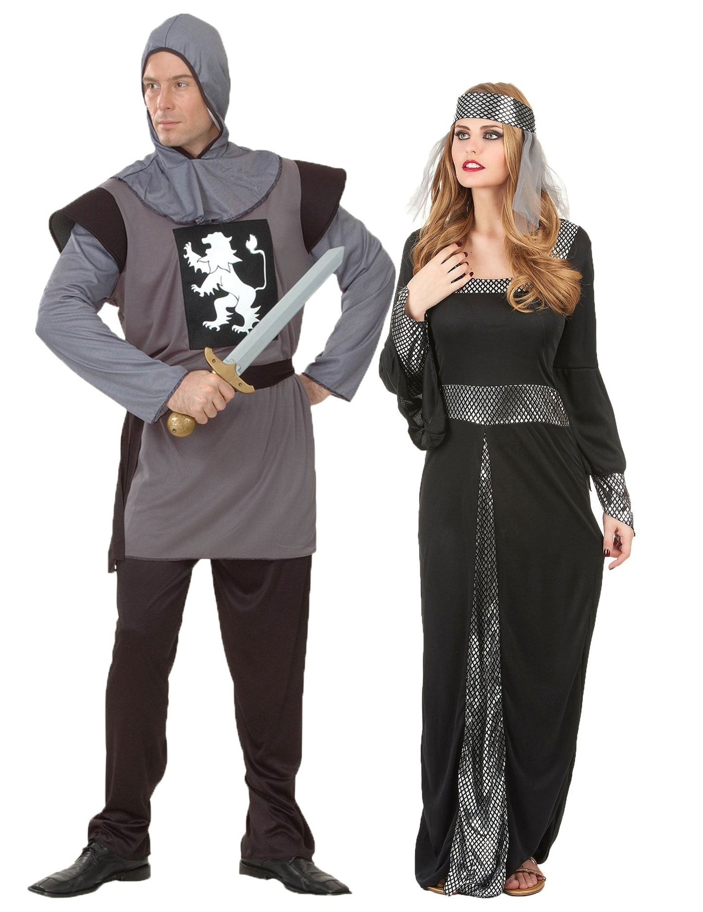 Costum de cuplu medieval gri și negru pentru adulți