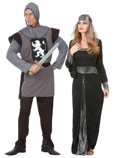 Costum de cuplu medieval gri și negru pentru adulți