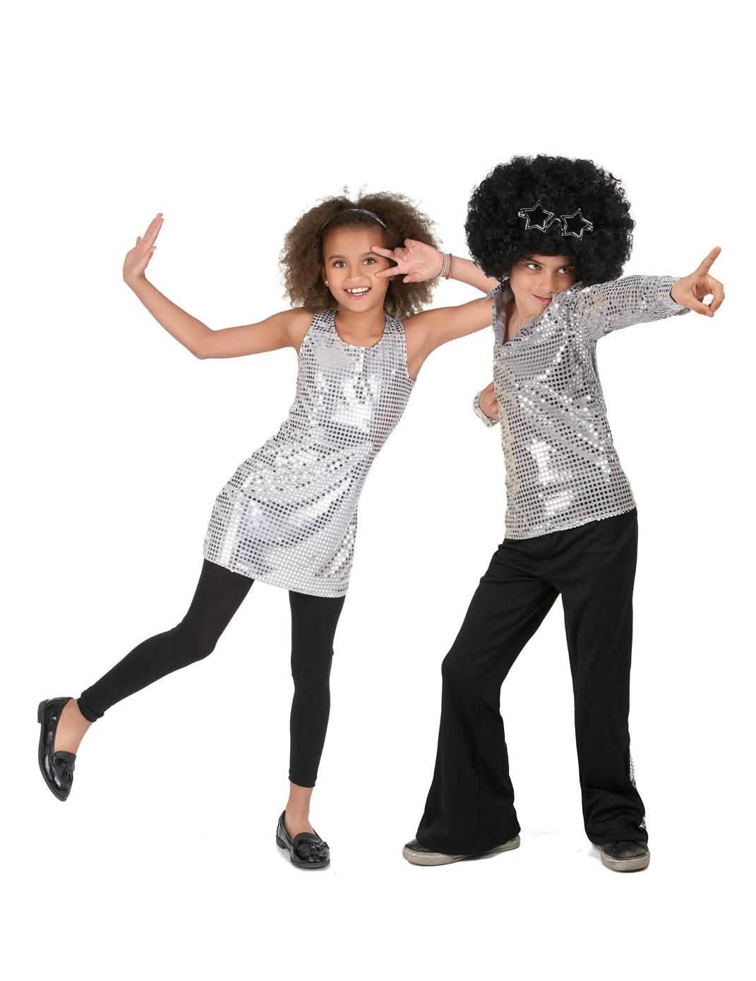 Costum de cuplu disco cu paiete argintii pentru copii