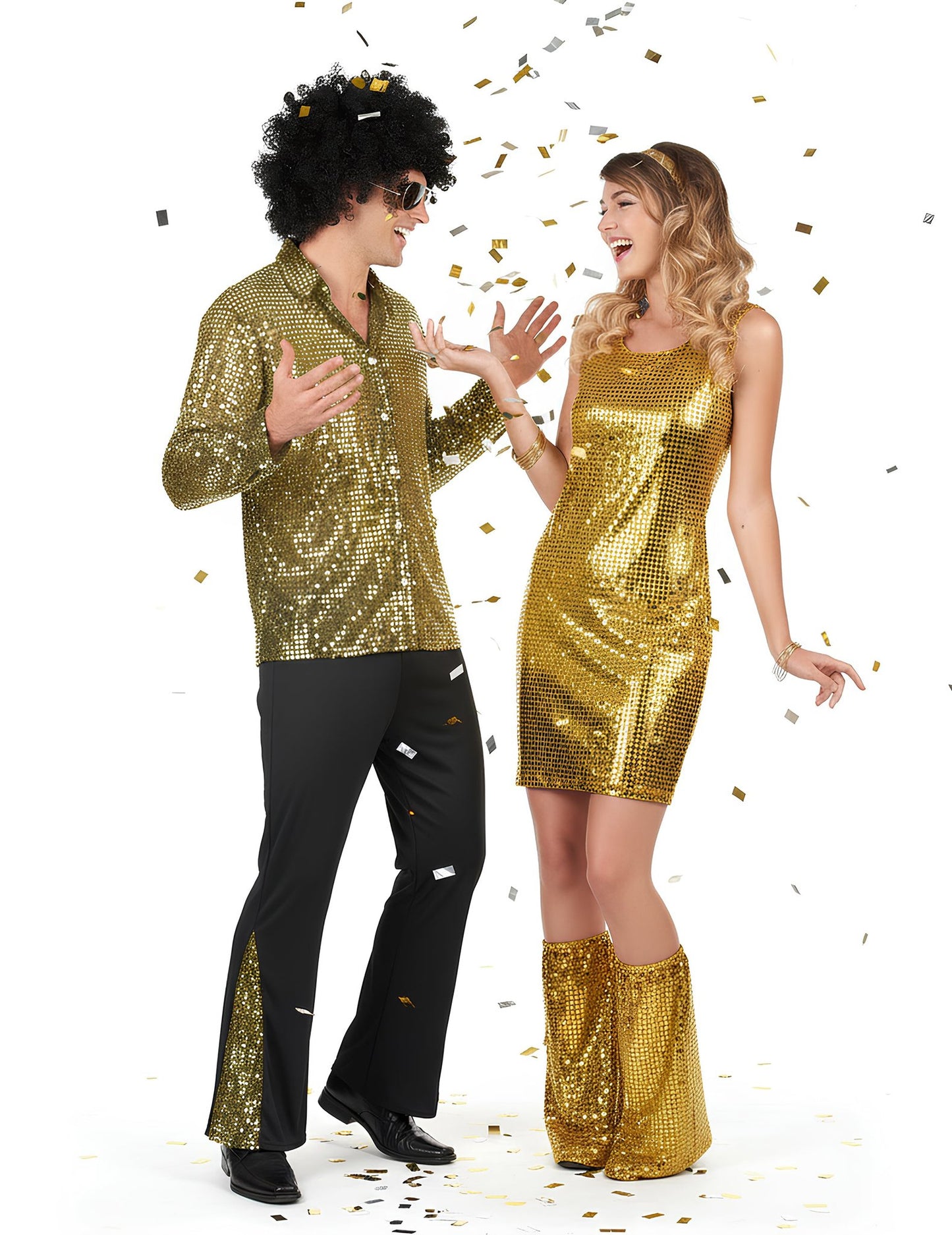 Costum de cuplu disco cu paiete aurii pentru adulți