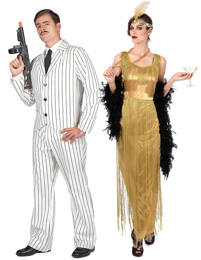 Costum de cuplu gangster alb și Charleston cu franjuri pentru adulți